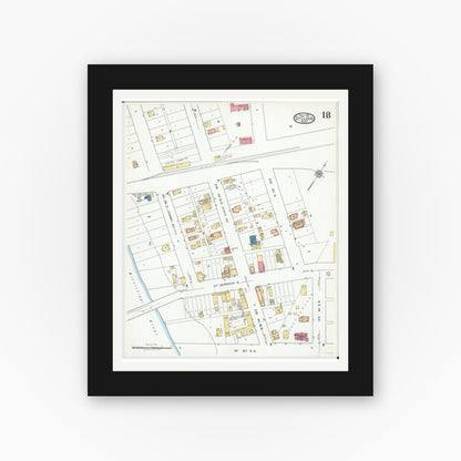 Old map wall art mockup — black gallery frame with white mat — Sanborn Fire Insurance Map from Saint Cloud, Stearns, Benton, and Sherburne Counties, Minnesota (1919), Sheet #0018