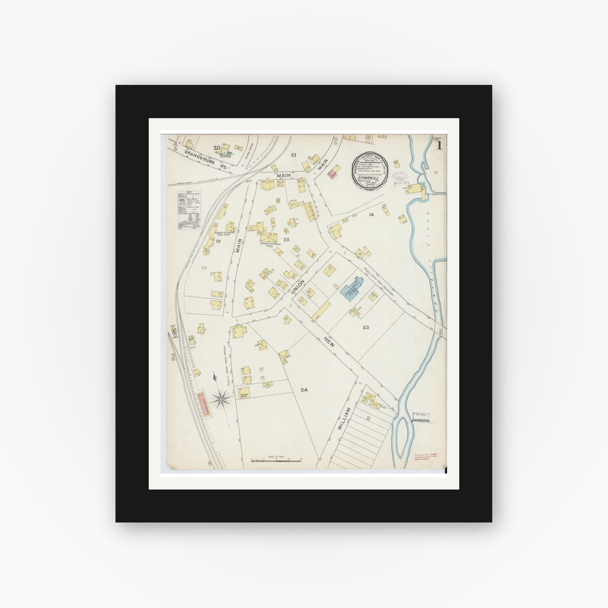 Old map wall art mockup — black gallery frame with white mat — Sanborn Fire Insurance Map from Sparkill, Rockland County, New York (1893) - Complete Map Set