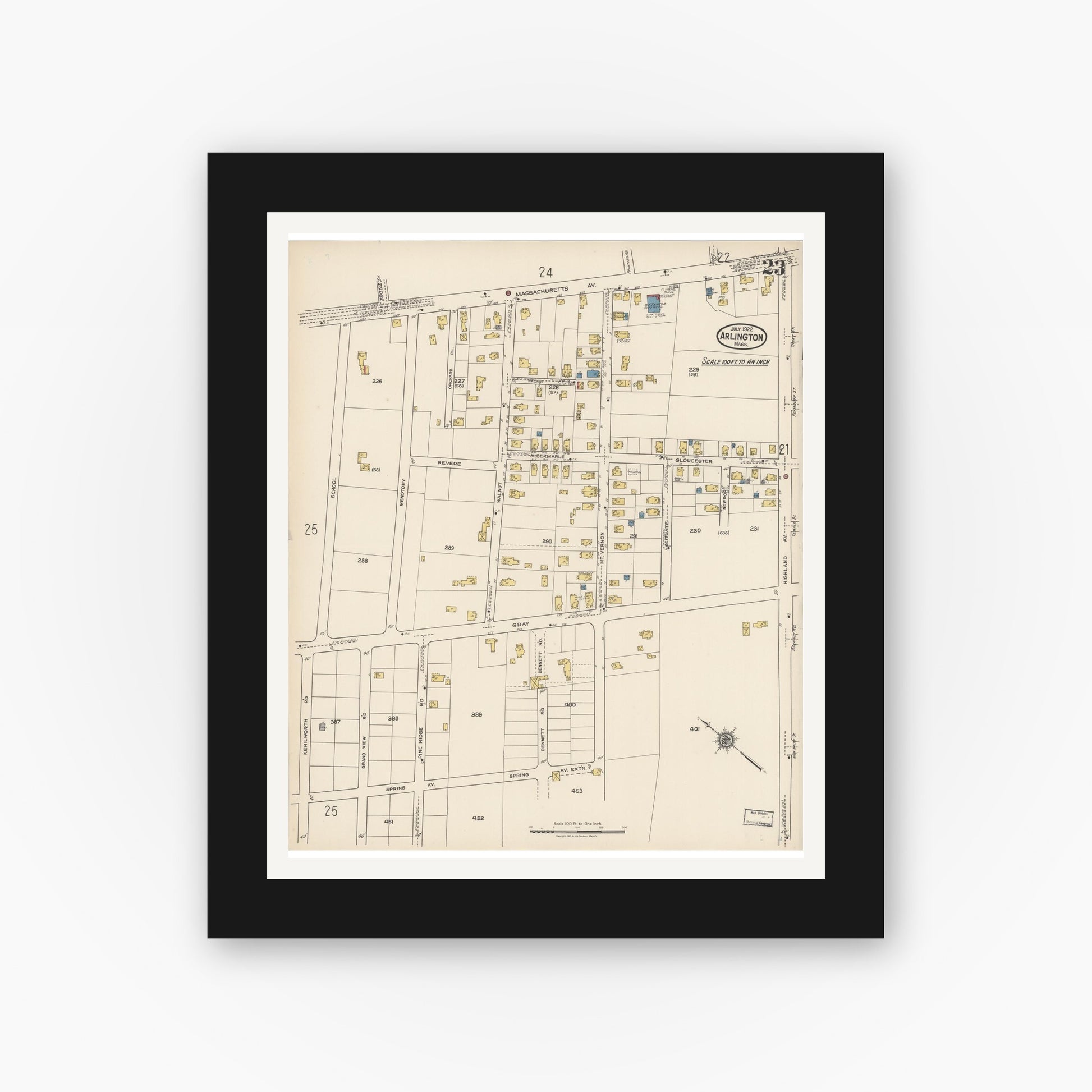 Old map wall art mockup — black gallery frame with white mat — Sanborn Fire Insurance Map from Arlington, Middlesex County, Massachusetts (1922), Sheet #0023