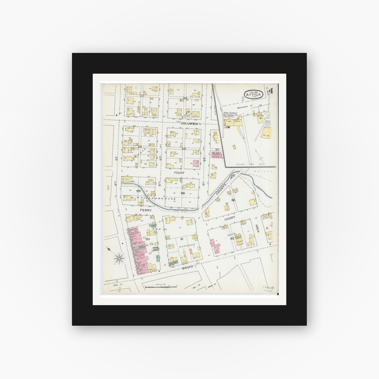 Old map wall art mockup — black gallery frame with white mat — Sanborn Fire Insurance Map from Attica, Fountain County, Indiana (1892), Sheet #0004