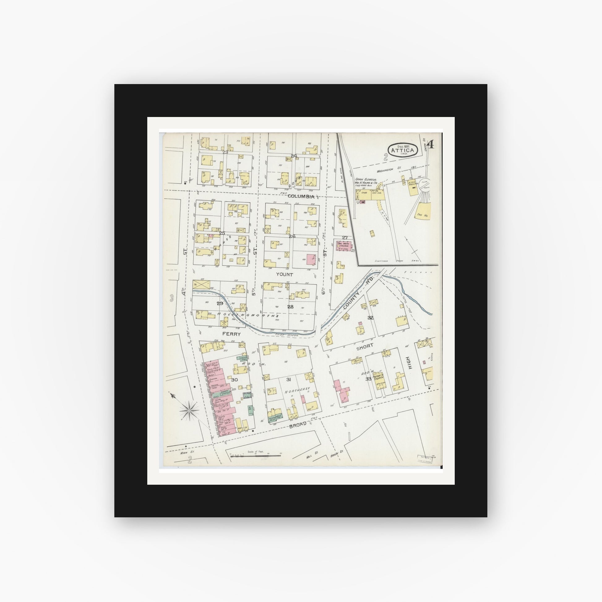 Old map wall art mockup — black gallery frame with white mat — Sanborn Fire Insurance Map from Attica, Fountain County, Indiana (1892), Sheet #0004