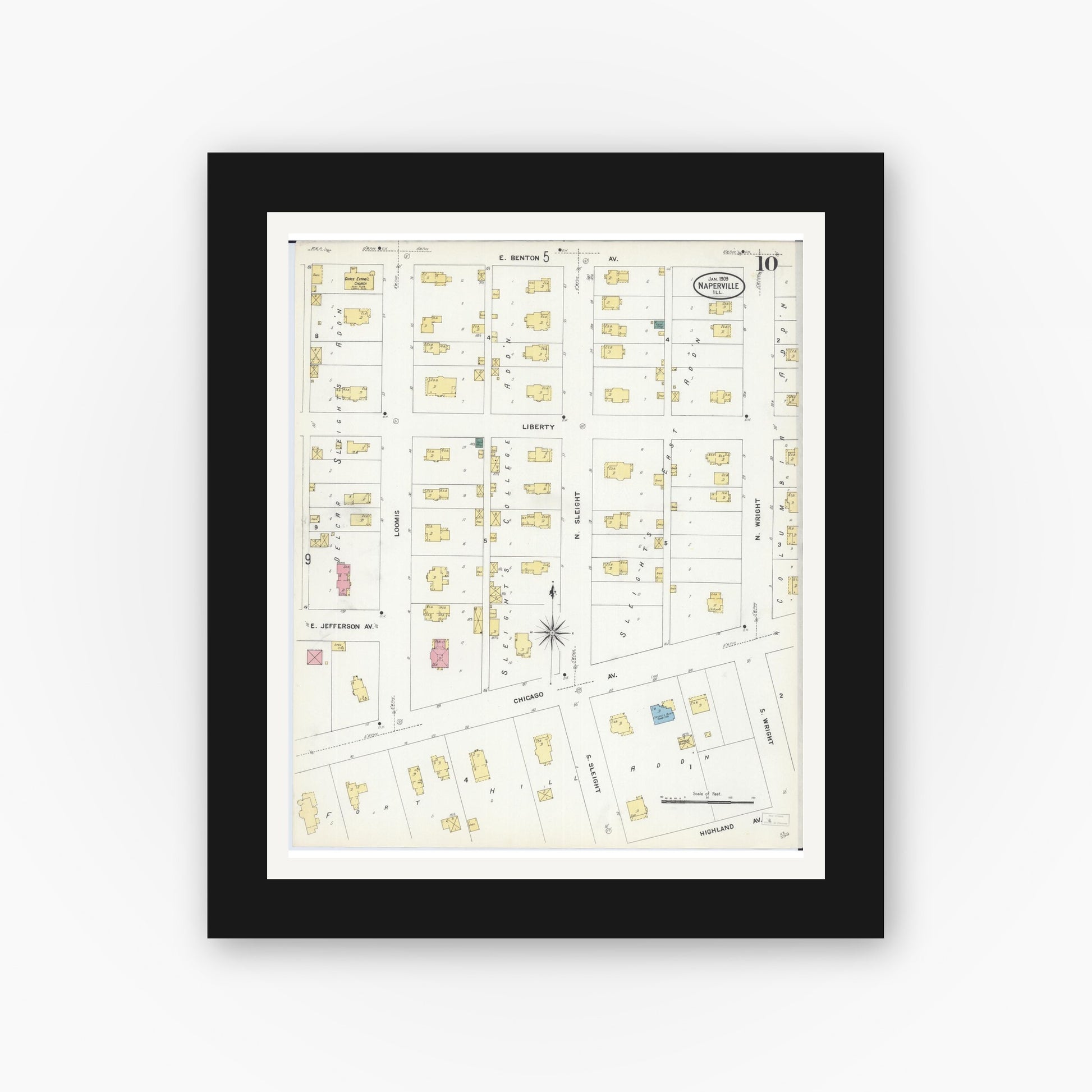 Old map wall art mockup — black gallery frame with white mat — Sanborn Fire Insurance Map from Naperville, Du Page County, Illinois (1909), Sheet #0010