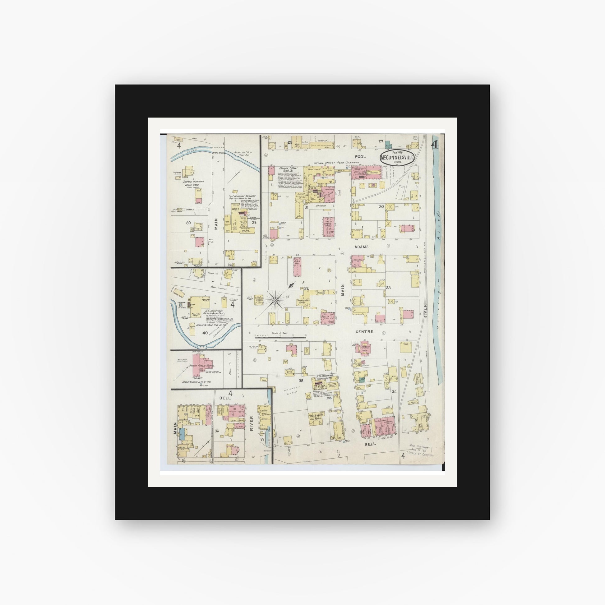 Old map wall art mockup — black gallery frame with white mat — Sanborn Fire Insurance Map from McConnelsville, Morgan County, Ohio (1896), Sheet #0004