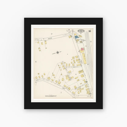 Old map wall art mockup — black gallery frame with white mat — Sanborn Fire Insurance Map from Framingham, Middlesex County, Massachusetts (1922), Sheet #0016