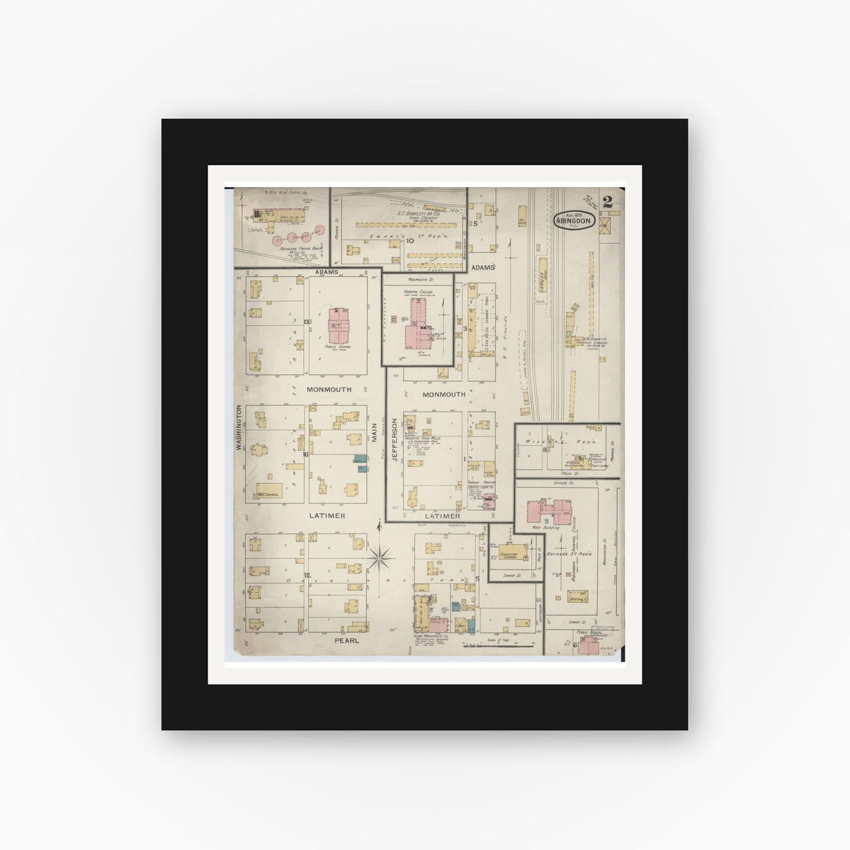 Old map wall art mockup — black gallery frame with white mat — Sanborn Fire Insurance Map from Abingdon, Knox County, Illinois (1893), Sheet #0002