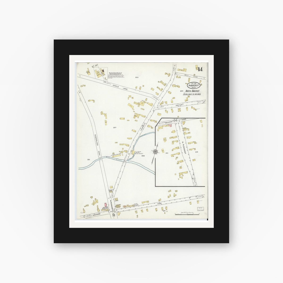 Old map wall art mockup — black gallery frame with white mat — Sanborn Fire Insurance Map from Amherst, Hampshire County, Massachusetts (1916), Sheet #0014