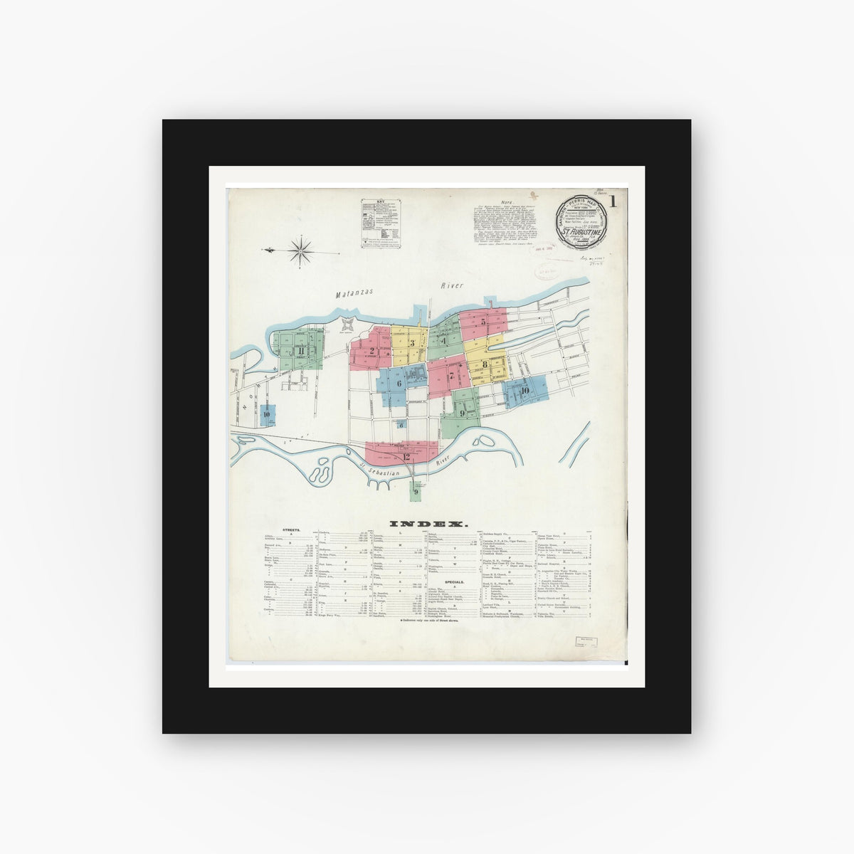 Old map wall art mockup — black gallery frame with white mat — Sanborn Fire Insurance Map from Saint Augustine, Saint John's County, Florida (1899) - Complete Map Set