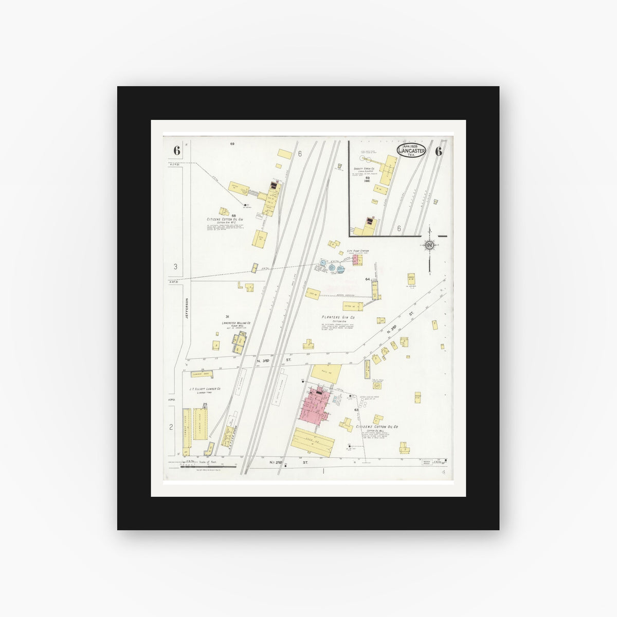 Old map wall art mockup — black gallery frame with white mat — Sanborn Fire Insurance Map from Lancaster, Dallas County, Texas (1928), Sheet #0006