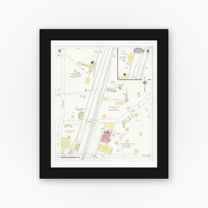 Old map wall art mockup — black gallery frame with white mat — Sanborn Fire Insurance Map from Lancaster, Dallas County, Texas (1928), Sheet #0006