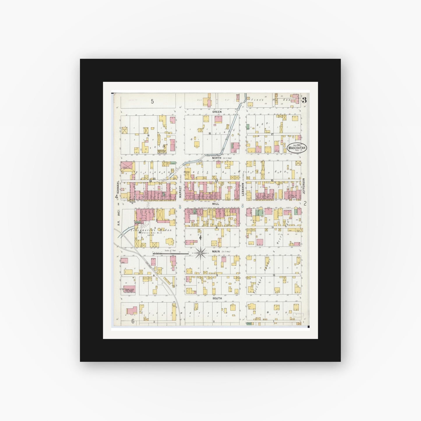 Old map wall art mockup — black gallery frame with white mat — Sanborn Fire Insurance Map from Mascoutah, Saint Clair County, Illinois (1900), Sheet #0003