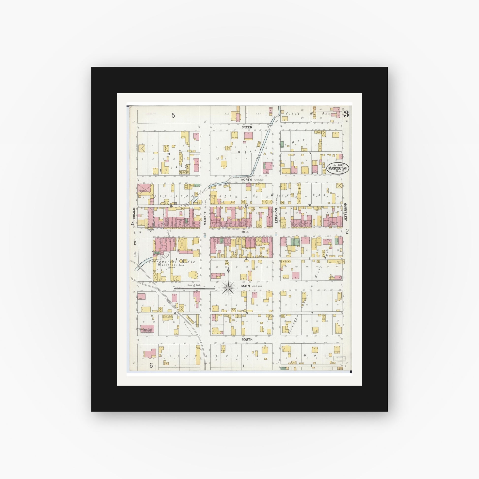 Old map wall art mockup — black gallery frame with white mat — Sanborn Fire Insurance Map from Mascoutah, Saint Clair County, Illinois (1900), Sheet #0003