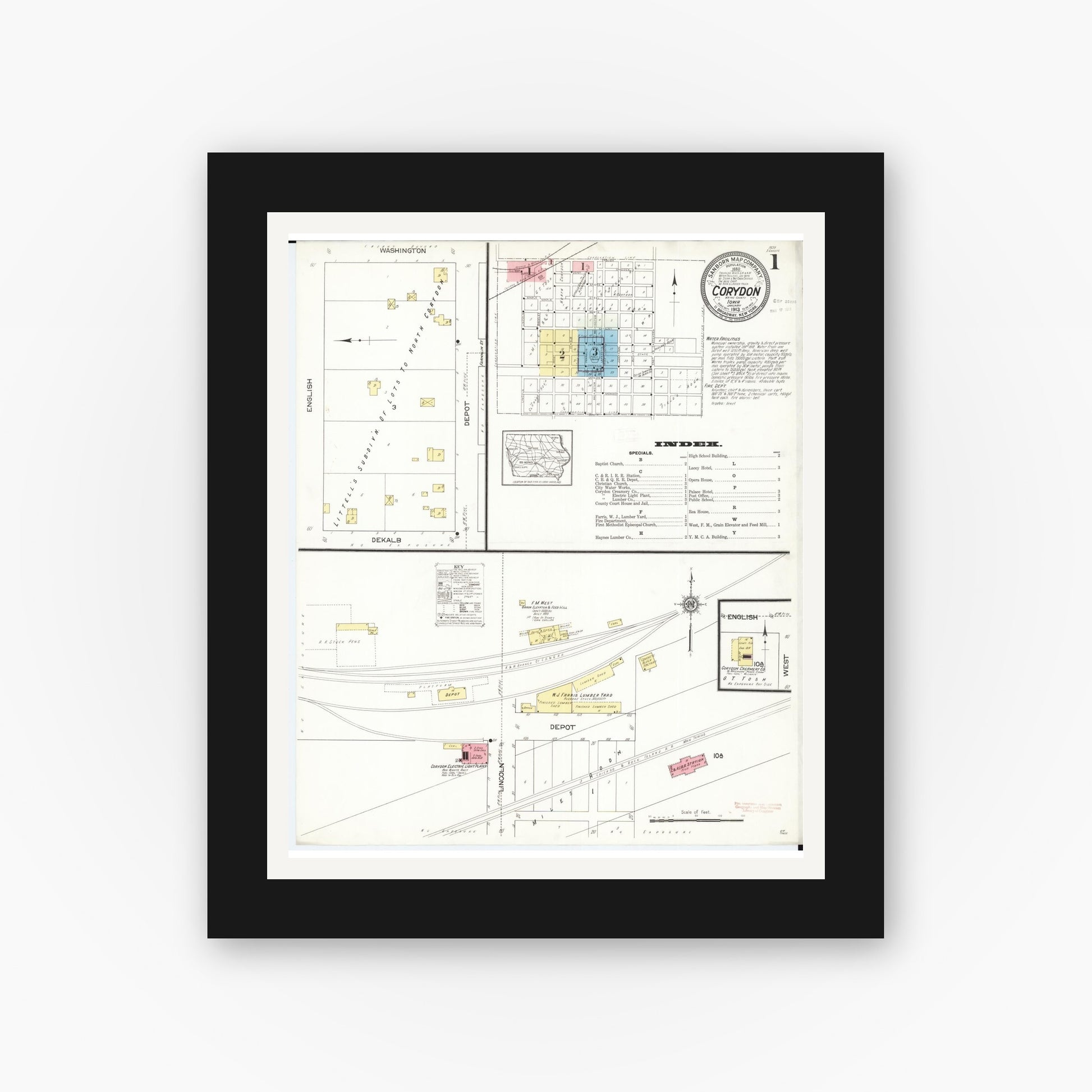 Old map wall art mockup — black gallery frame with white mat — Sanborn Fire Insurance Map from Corydon, Wayne County, Iowa (1913), Sheet #0001