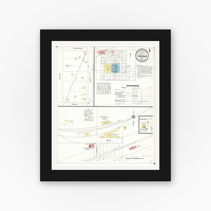 Old map wall art mockup — black gallery frame with white mat — Sanborn Fire Insurance Map from Corydon, Wayne County, Iowa (1913), Sheet #0001