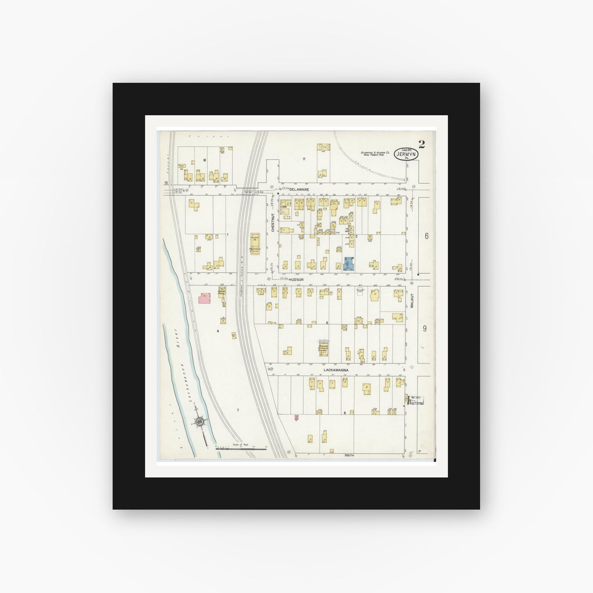 Old map wall art mockup — black gallery frame with white mat — Sanborn Fire Insurance Map from Jermyn, Lackawanna County, Pennsylvania (1912), Sheet #0002