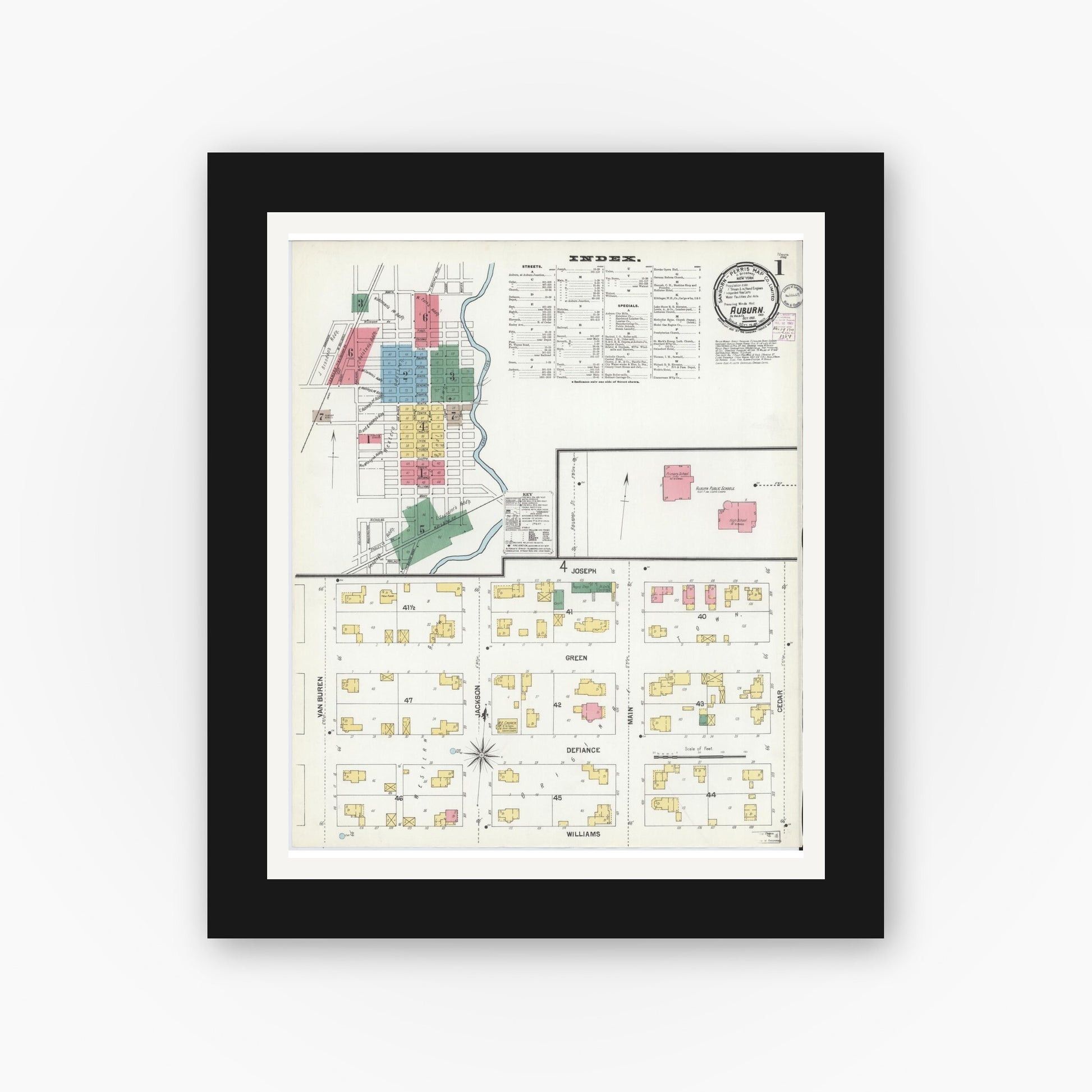 Old map wall art mockup — black gallery frame with white mat — Sanborn Fire Insurance Map from Auburn, De Kalb County, Indiana (1901), Sheet #0001