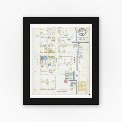 Old map wall art mockup — black gallery frame with white mat — Sanborn Fire Insurance Map from Oswego, Kendall County, Illinois (1892), Sheet #0001