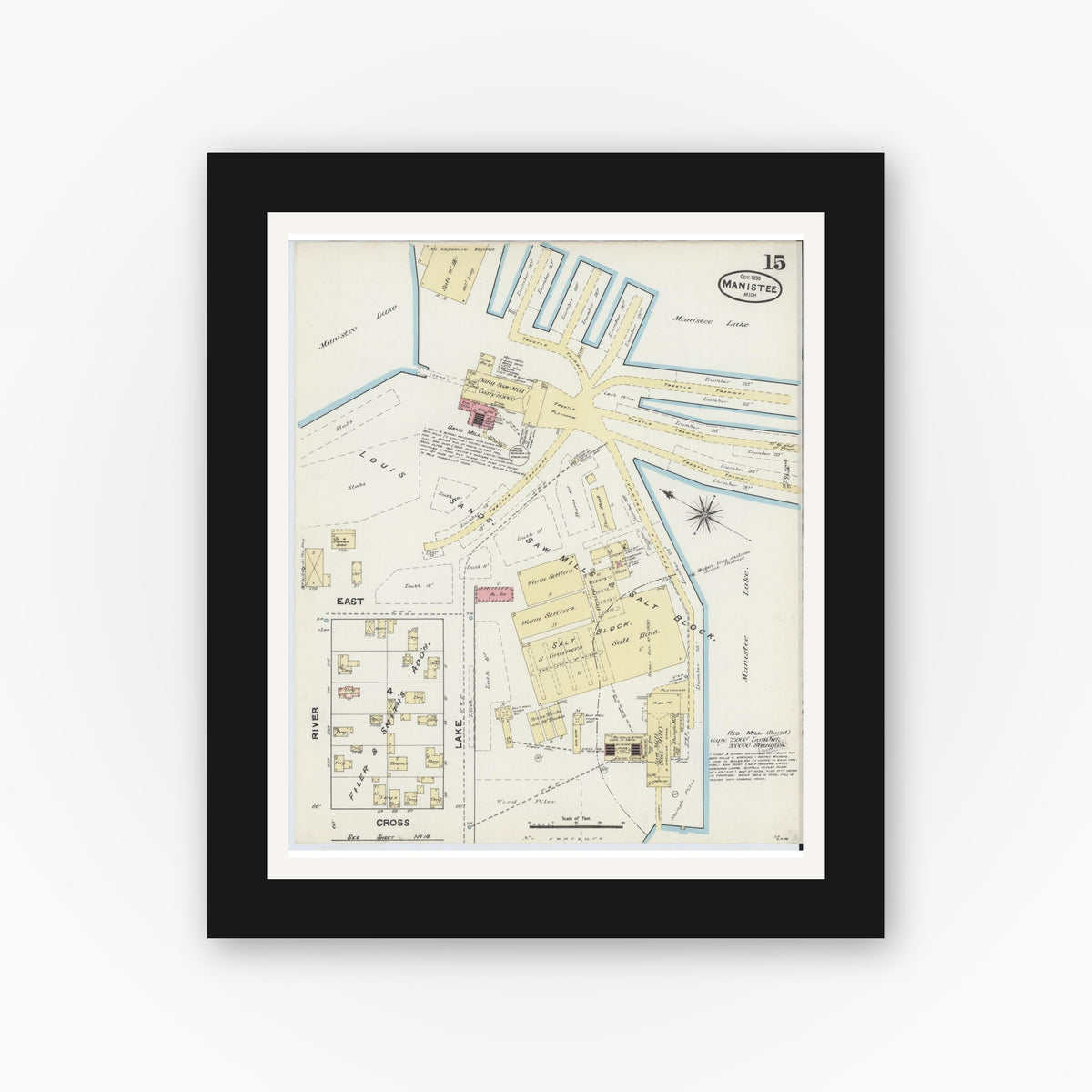 Old map wall art mockup — black gallery frame with white mat — Sanborn Fire Insurance Map from Manistee, Manistee County, Michigan (1890), Sheet #0015