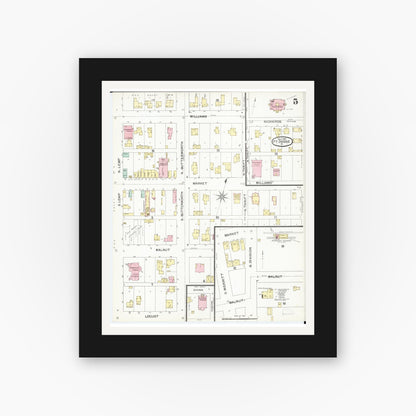 Old map wall art mockup — black gallery frame with white mat — Sanborn Fire Insurance Map from Fort Dodge, Webster County, Iowa (1892), Sheet #0005
