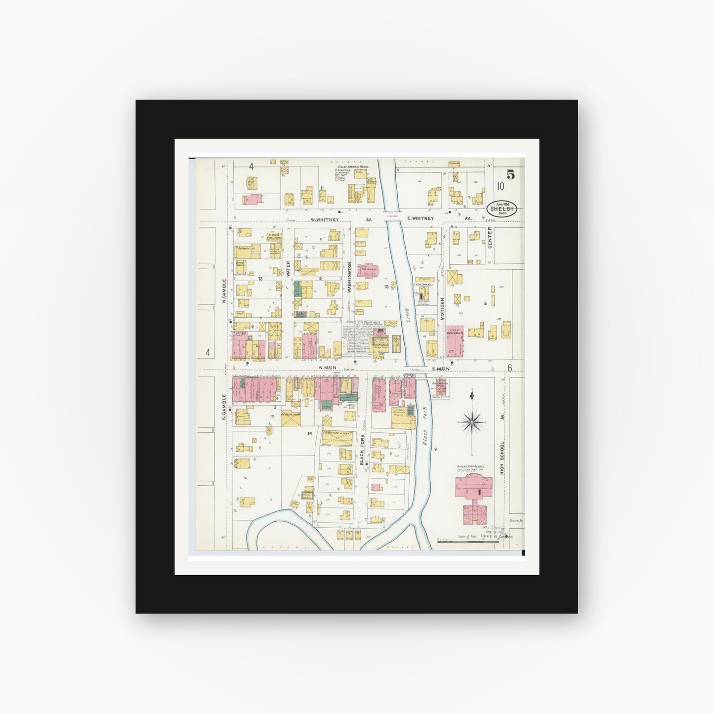 Old map wall art mockup — black gallery frame with white mat — Sanborn Fire Insurance Map from Shelby, Richland County, Ohio (1904), Sheet #0005