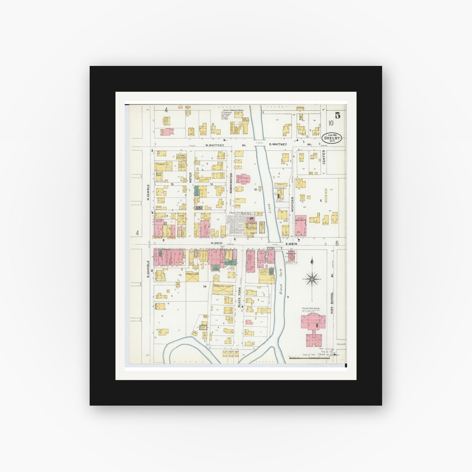 Old map wall art mockup — black gallery frame with white mat — Sanborn Fire Insurance Map from Shelby, Richland County, Ohio (1904), Sheet #0005