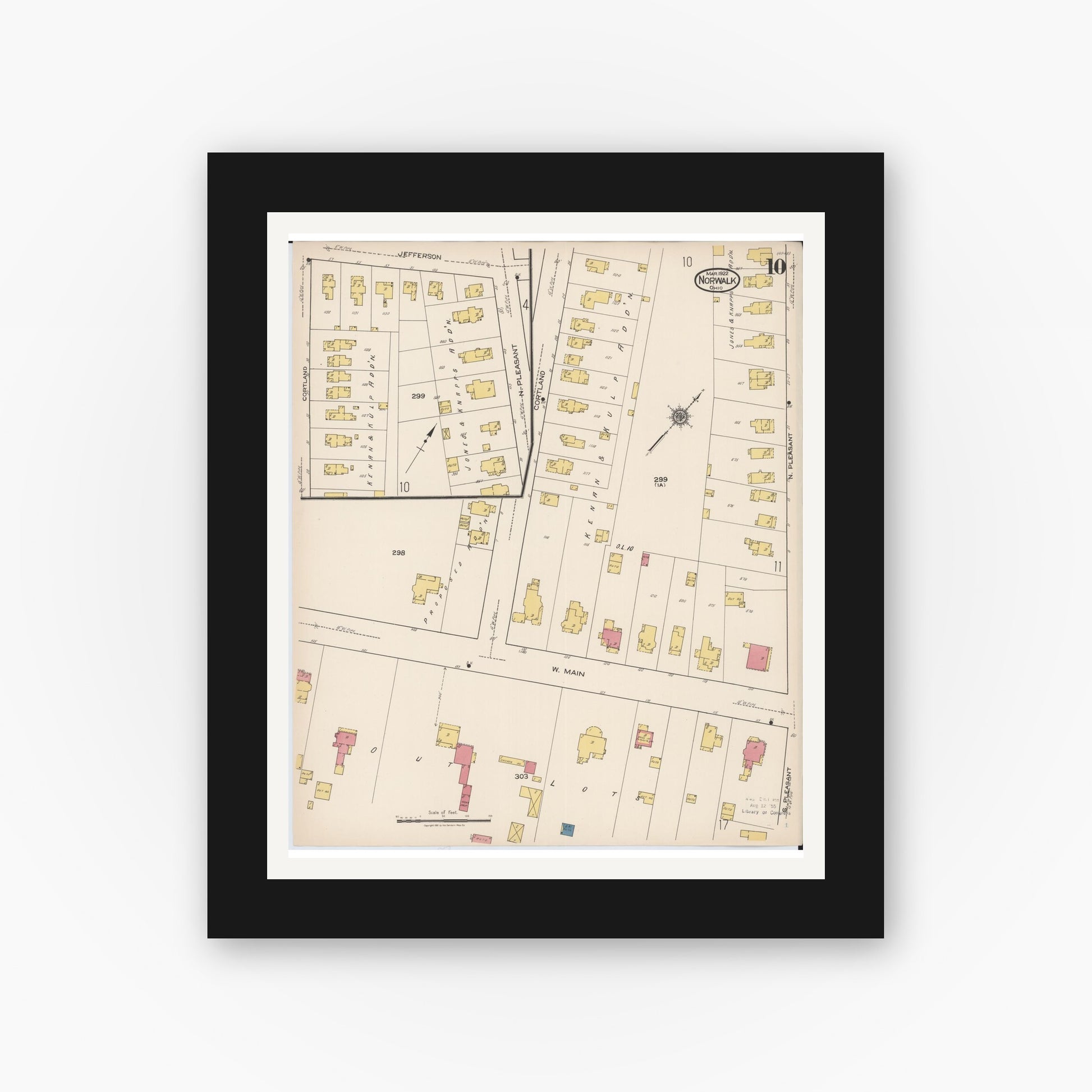 Old map wall art mockup — black gallery frame with white mat — Sanborn Fire Insurance Map from Norwalk, Huron County, Ohio (1922), Sheet #0010