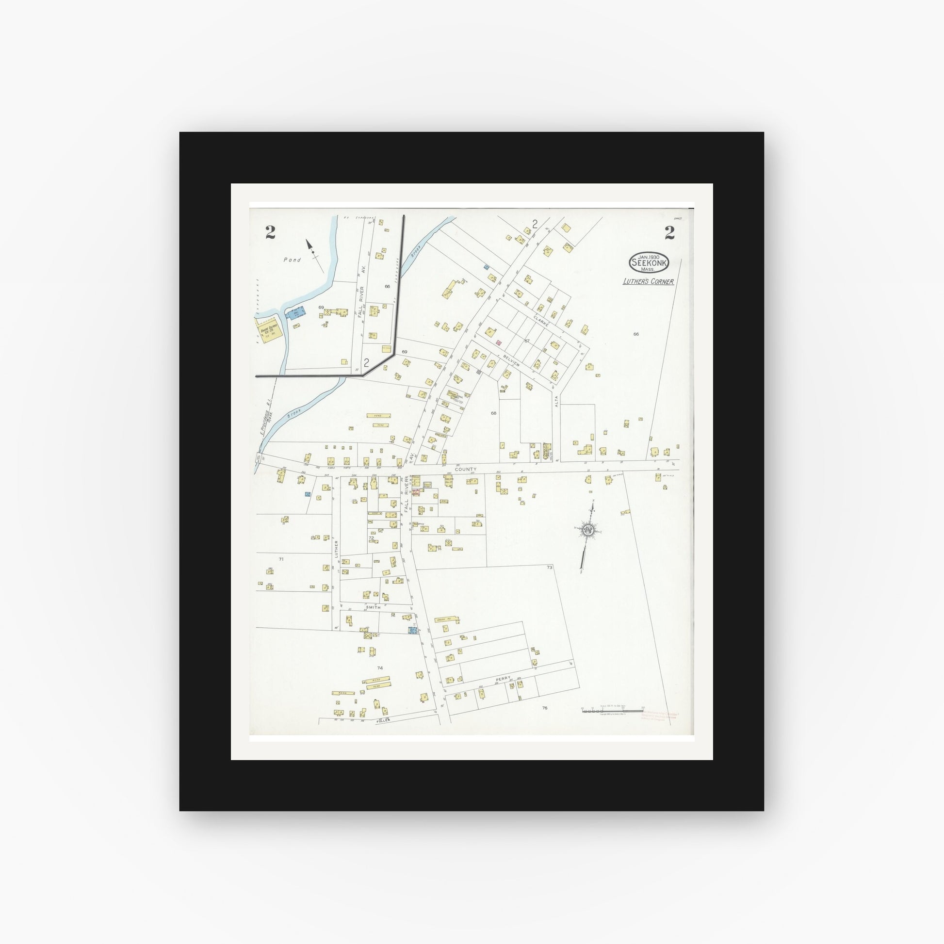 Old map wall art mockup — black gallery frame with white mat — Sanborn Fire Insurance Map from Seekonk, Bristol County, Massachusetts (1930), Sheet #0002