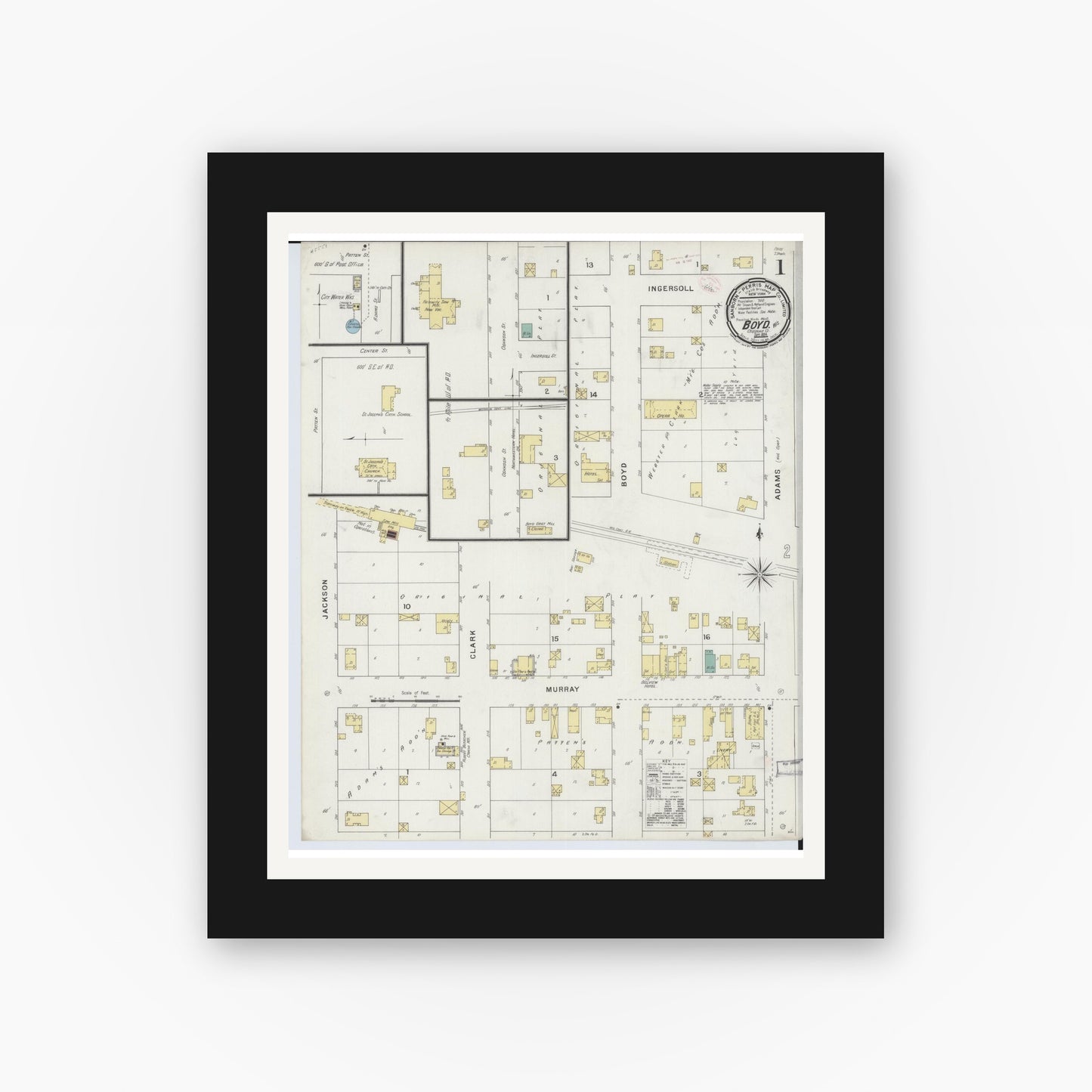 Old map wall art mockup — black gallery frame with white mat — Sanborn Fire Insurance Map from Boyd, Chippewa County, Wisconsin (1894) - Complete Map Set