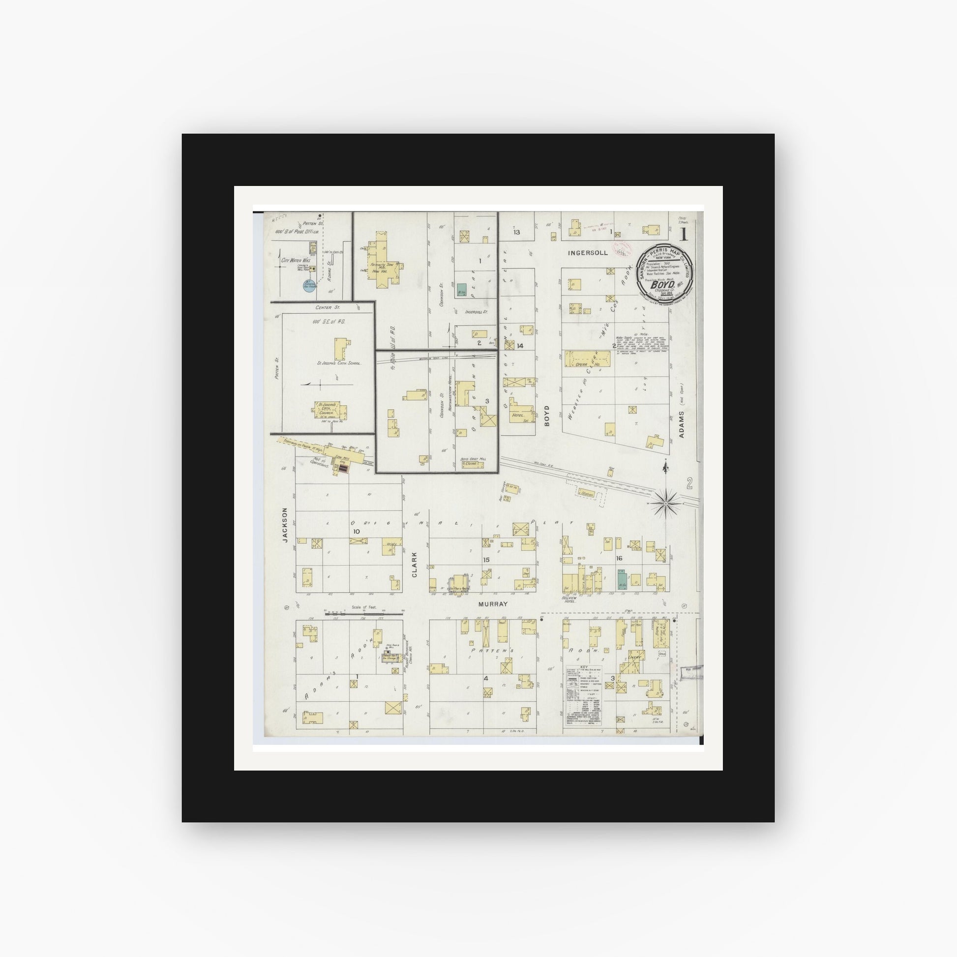 Old map wall art mockup — black gallery frame with white mat — Sanborn Fire Insurance Map from Boyd, Chippewa County, Wisconsin (1894) - Complete Map Set
