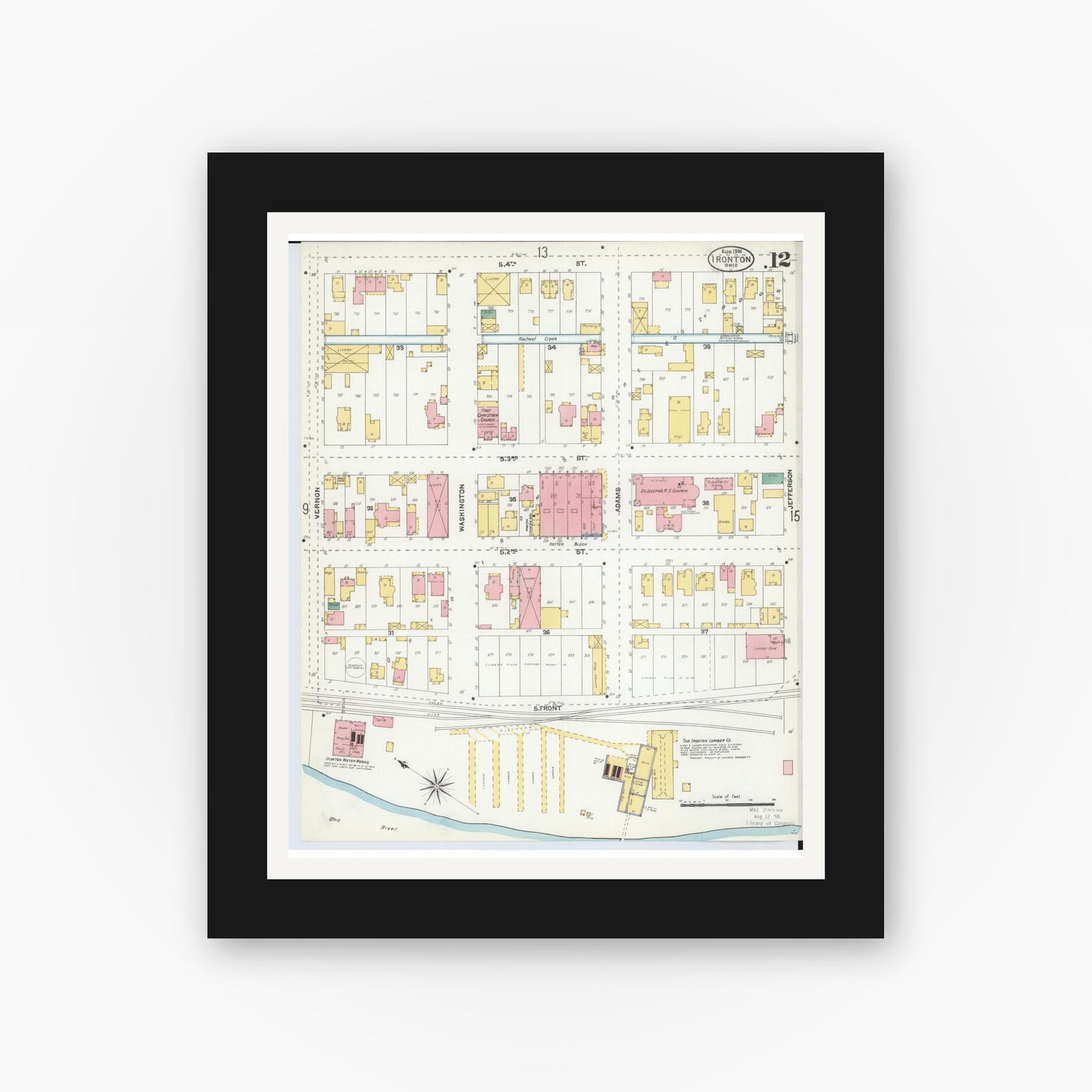 Old map wall art mockup — black gallery frame with white mat — Sanborn Fire Insurance Map from Ironton, Lawrence County, Ohio (1904), Sheet #0012