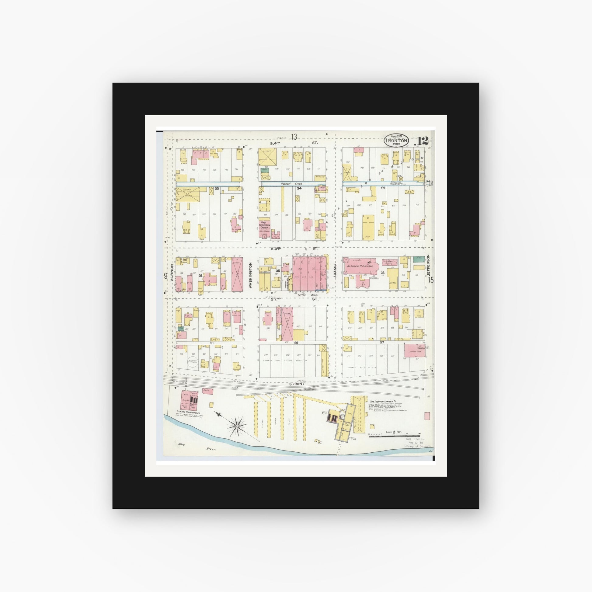 Old map wall art mockup — black gallery frame with white mat — Sanborn Fire Insurance Map from Ironton, Lawrence County, Ohio (1904), Sheet #0012