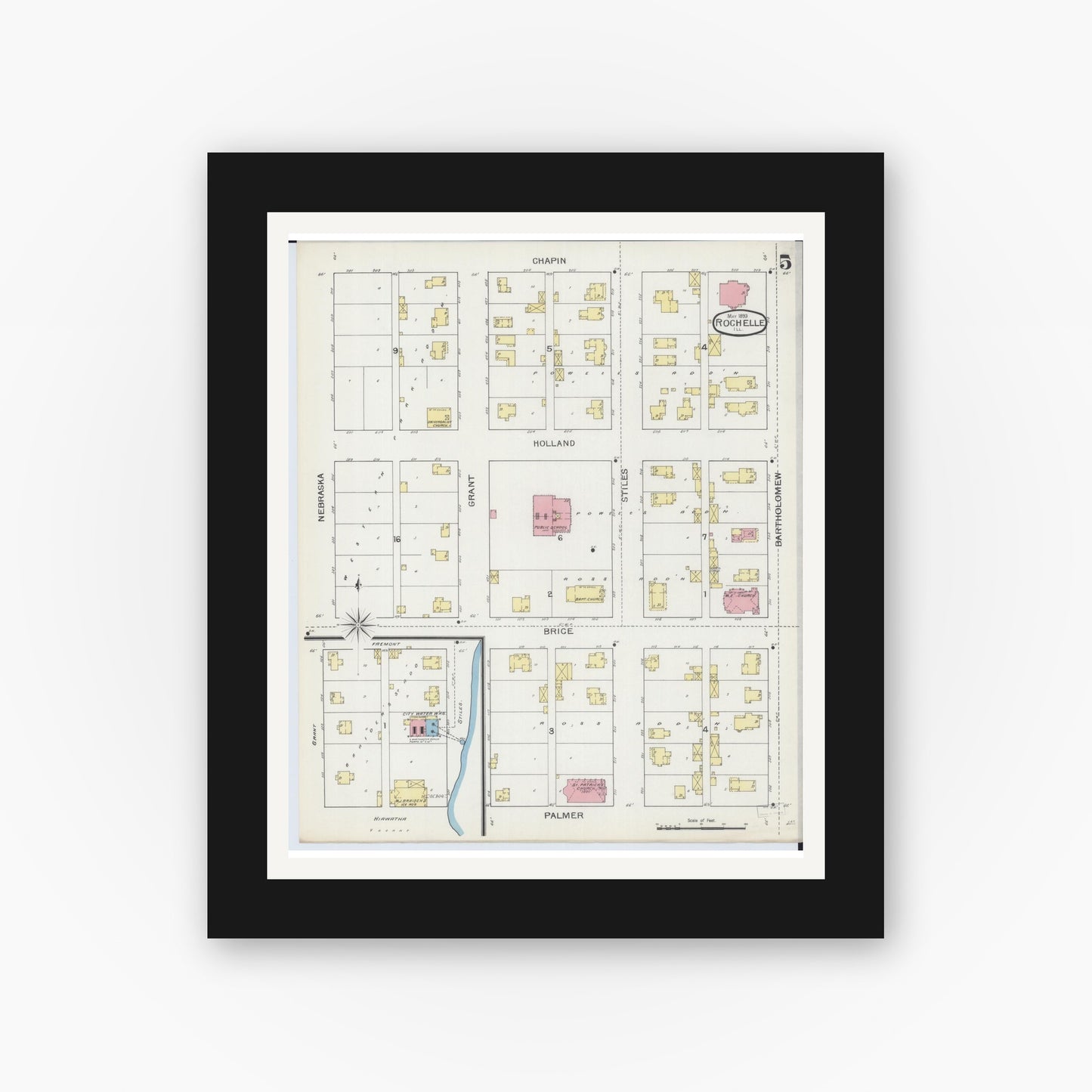 Old map wall art mockup — black gallery frame with white mat — Sanborn Fire Insurance Map from Rochelle, Ogle County, Illinois (1893), Sheet #0005