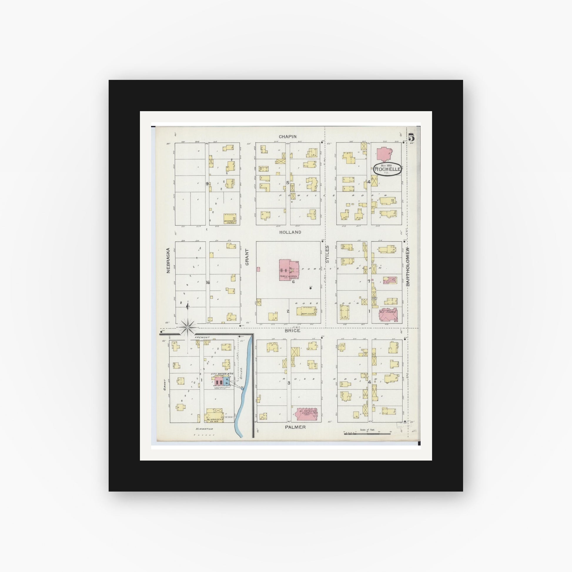 Old map wall art mockup — black gallery frame with white mat — Sanborn Fire Insurance Map from Rochelle, Ogle County, Illinois (1893), Sheet #0005