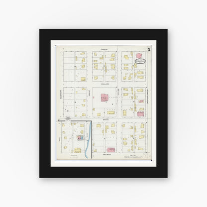 Old map wall art mockup — black gallery frame with white mat — Sanborn Fire Insurance Map from Rochelle, Ogle County, Illinois (1893), Sheet #0005