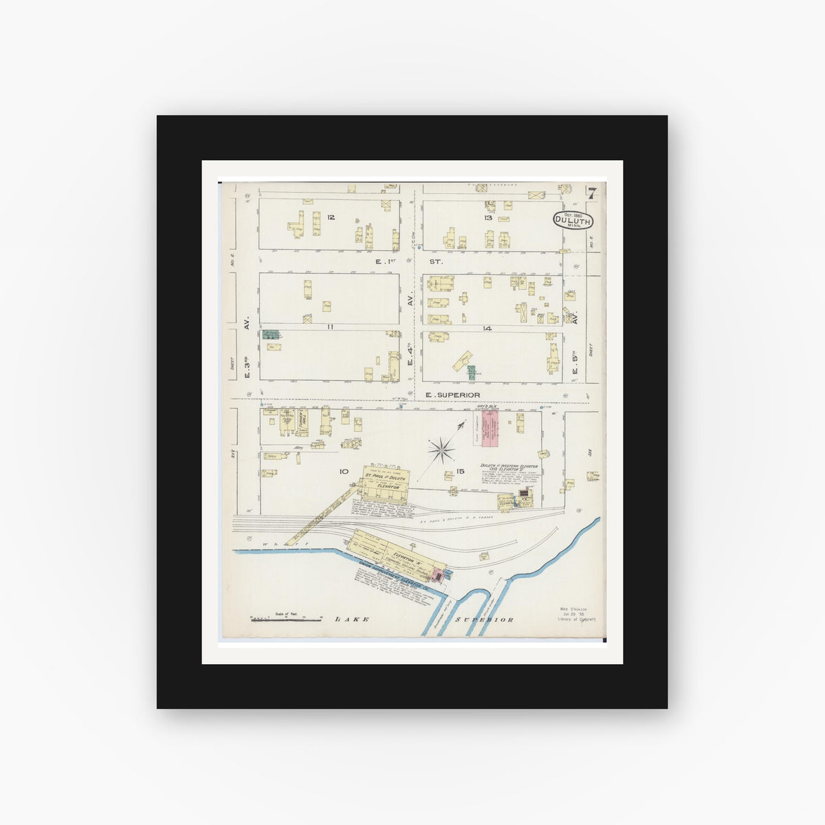 Old map wall art mockup — black gallery frame with white mat — Sanborn Fire Insurance Map from Duluth, Saint Louis County, Minnesota (1885), Sheet #0007