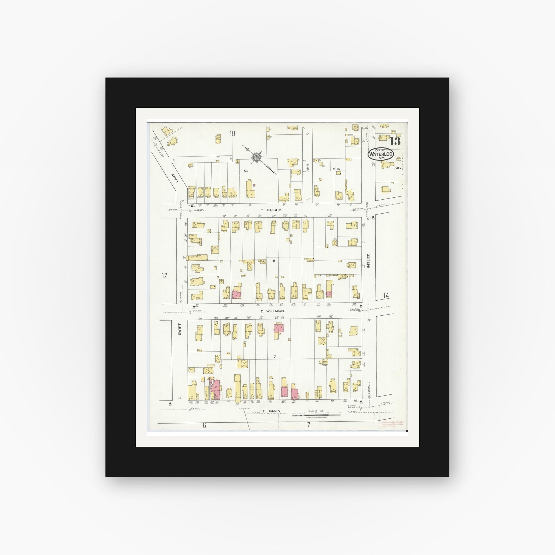 Old map wall art mockup — black gallery frame with white mat — Sanborn Fire Insurance Map from Waterloo, Seneca County, New York (1918), Sheet #0013