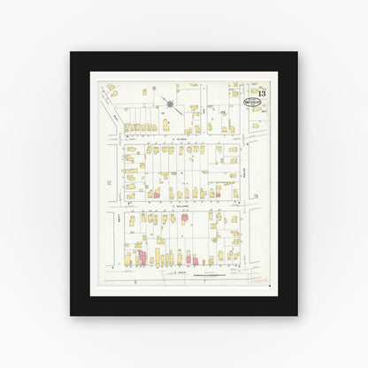 Old map wall art mockup — black gallery frame with white mat — Sanborn Fire Insurance Map from Waterloo, Seneca County, New York (1918), Sheet #0013