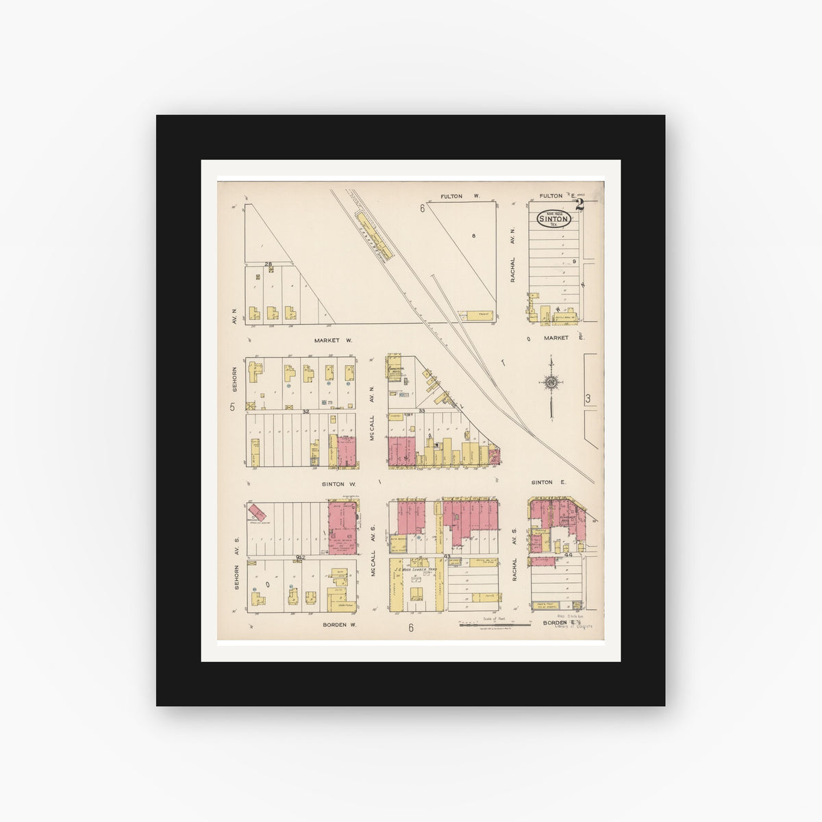 Old map wall art mockup — black gallery frame with white mat — Sanborn Fire Insurance Map from Sinton, San Patricio County, Texas (1922), Sheet #0002