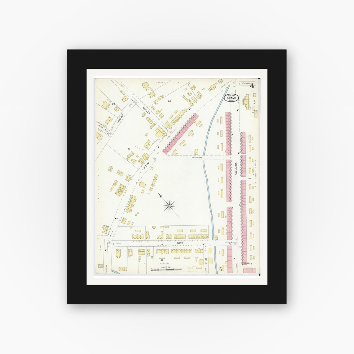 Old map wall art mockup — black gallery frame with white mat — Sanborn Fire Insurance Map from Adams, Berkshire County, Massachusetts (1908), Sheet #0004