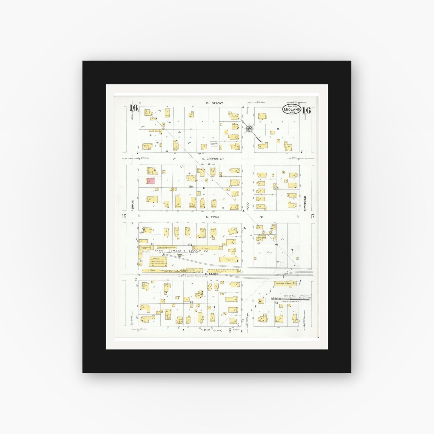 Old map wall art mockup — black gallery frame with white mat — Sanborn Fire Insurance Map from Midland, Midland County, Michigan (1926), Sheet #0016
