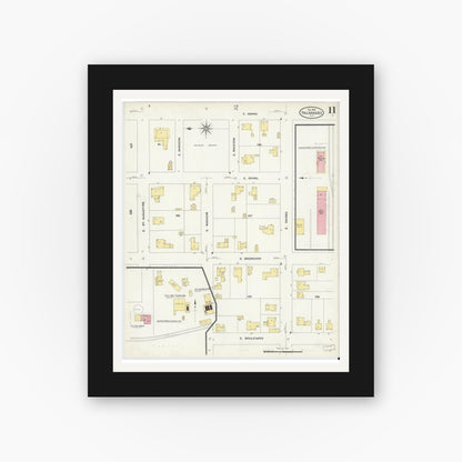 Old map wall art mockup — black gallery frame with white mat — Sanborn Fire Insurance Map from Tallahassee, Leon County, Florida (1909), Sheet #0011