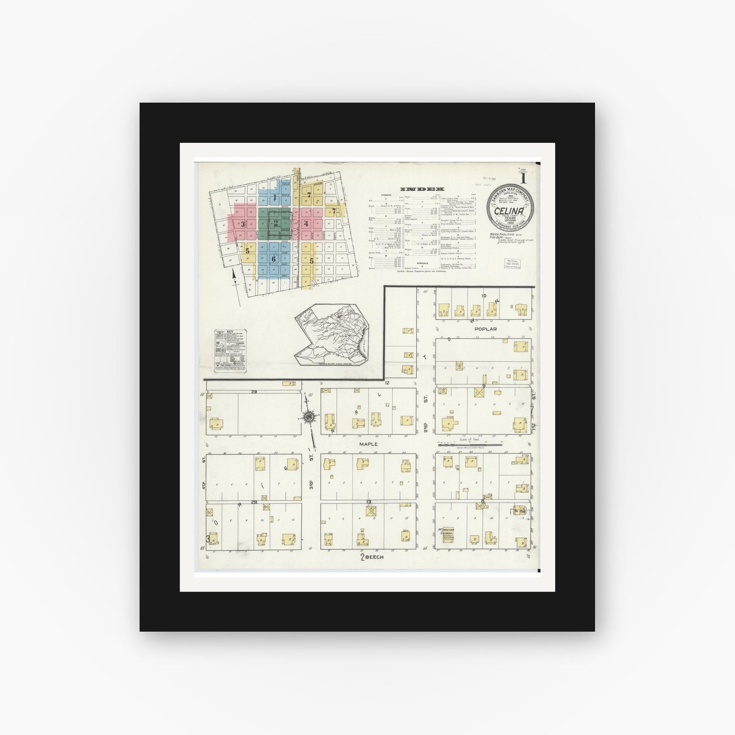 Old map wall art mockup — black gallery frame with white mat — Sanborn Fire Insurance Map from Celina, Collin County, Texas (1920) - Complete Map Set