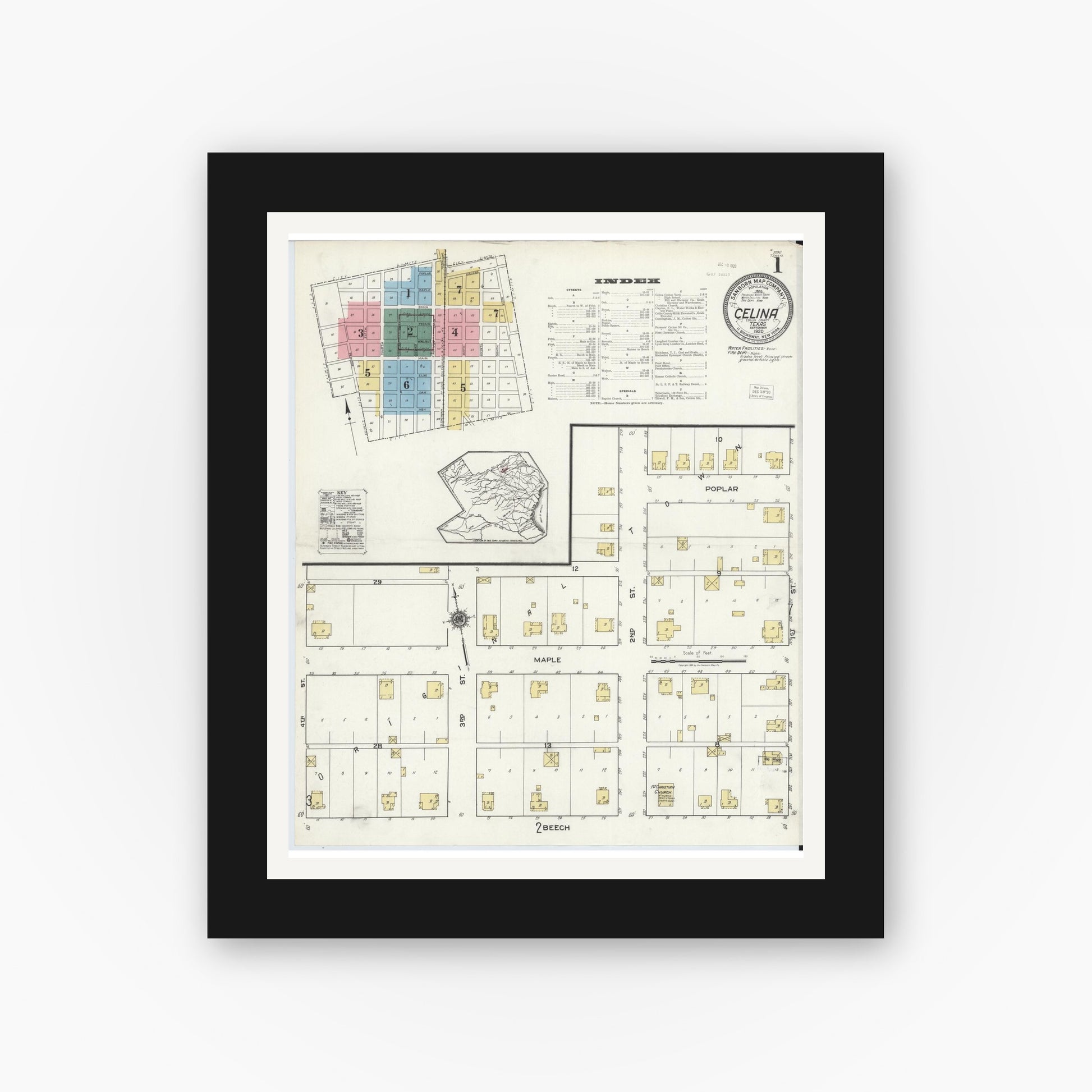 Old map wall art mockup — black gallery frame with white mat — Sanborn Fire Insurance Map from Celina, Collin County, Texas (1920) - Complete Map Set