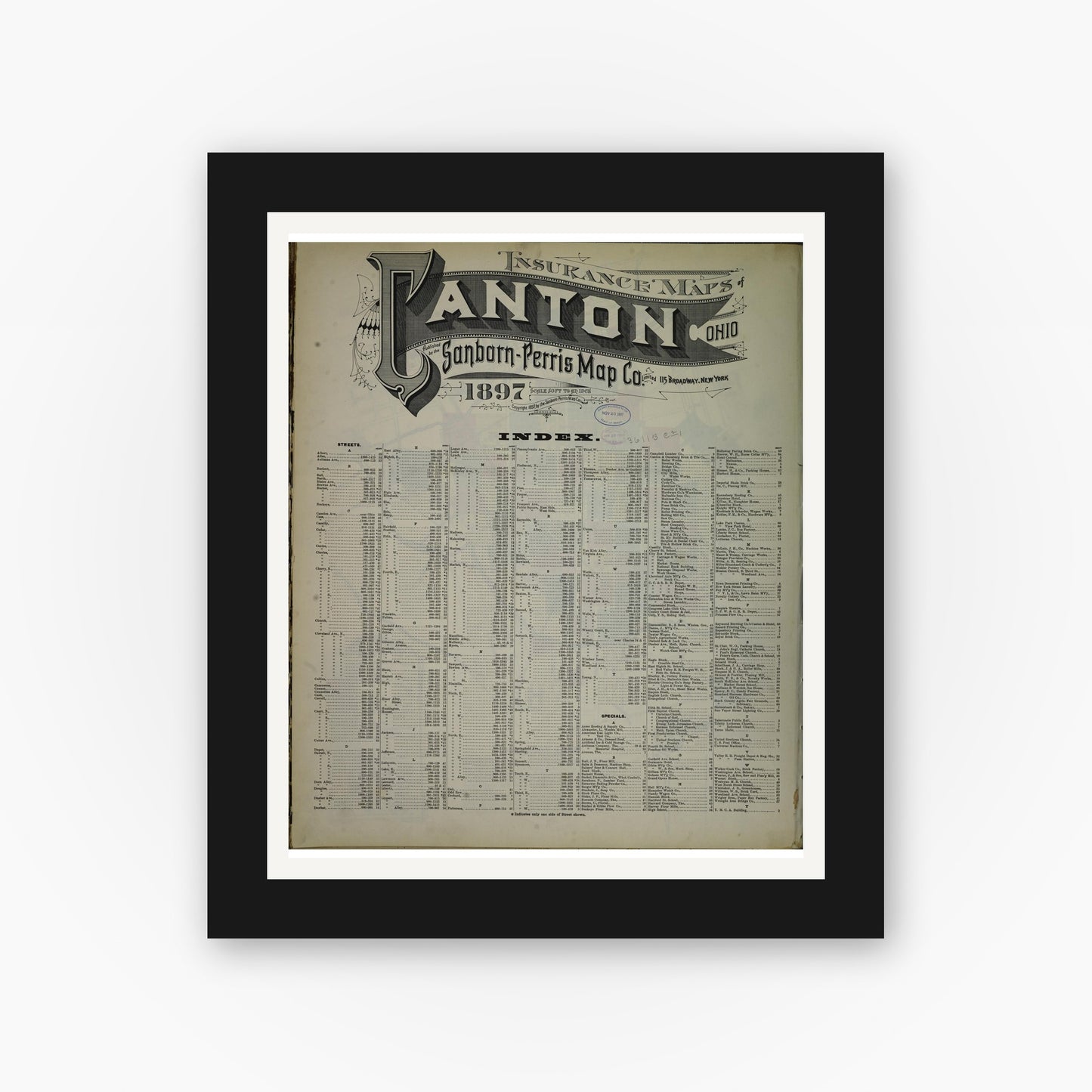 Old map wall art mockup — black gallery frame with white mat — Sanborn Fire Insurance Map from Canton, Stark County, Ohio (1897), Sheet #0001