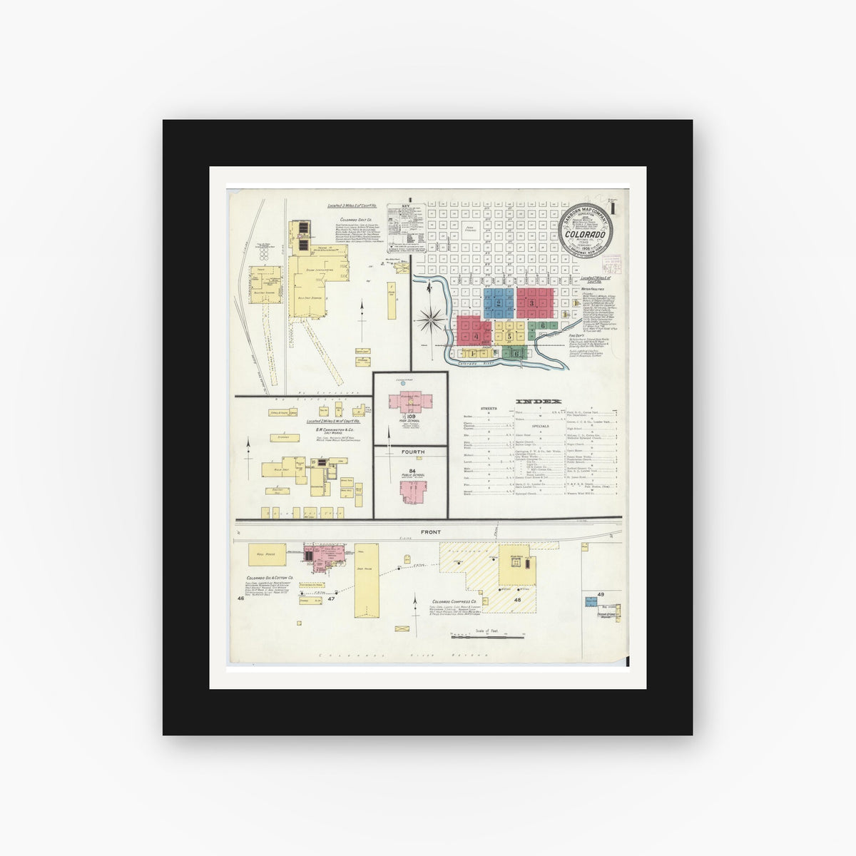 Old map wall art mockup — black gallery frame with white mat — Sanborn Fire Insurance Map from Colorado, Mitchell County, Texas (1908) - Complete Map Set