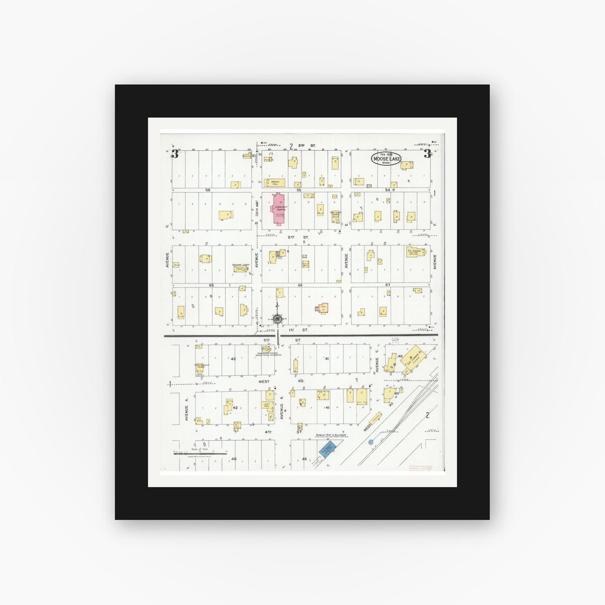 Old map wall art mockup — black gallery frame with white mat — Sanborn Fire Insurance Map from Moose Lake, Carlton County, Minnesota (1925), Sheet #0003
