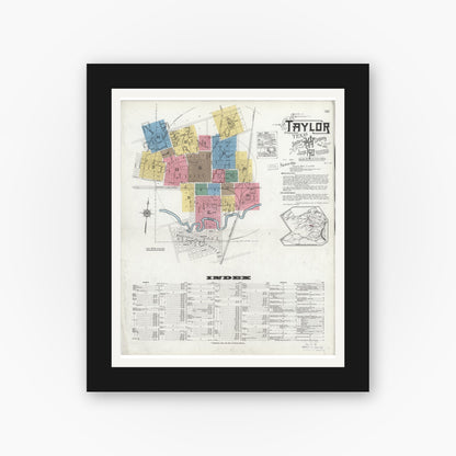 Old map wall art mockup — black gallery frame with white mat — Sanborn Fire Insurance Map from Taylor, Williamson County, Texas (1923) - Complete Map Set