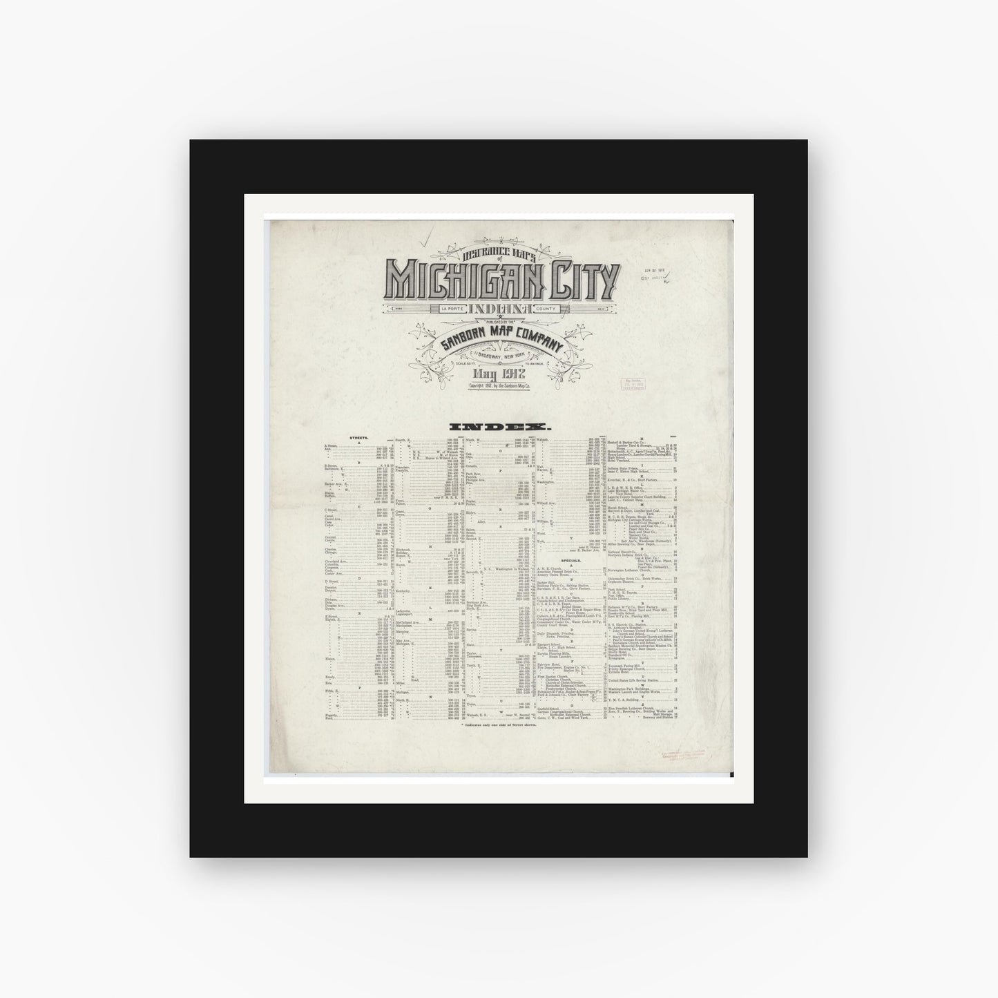 Old map wall art mockup — black gallery frame with white mat — Sanborn Fire Insurance Map from Michigan City, La Porte County, Indiana (1912), Sheet #0001