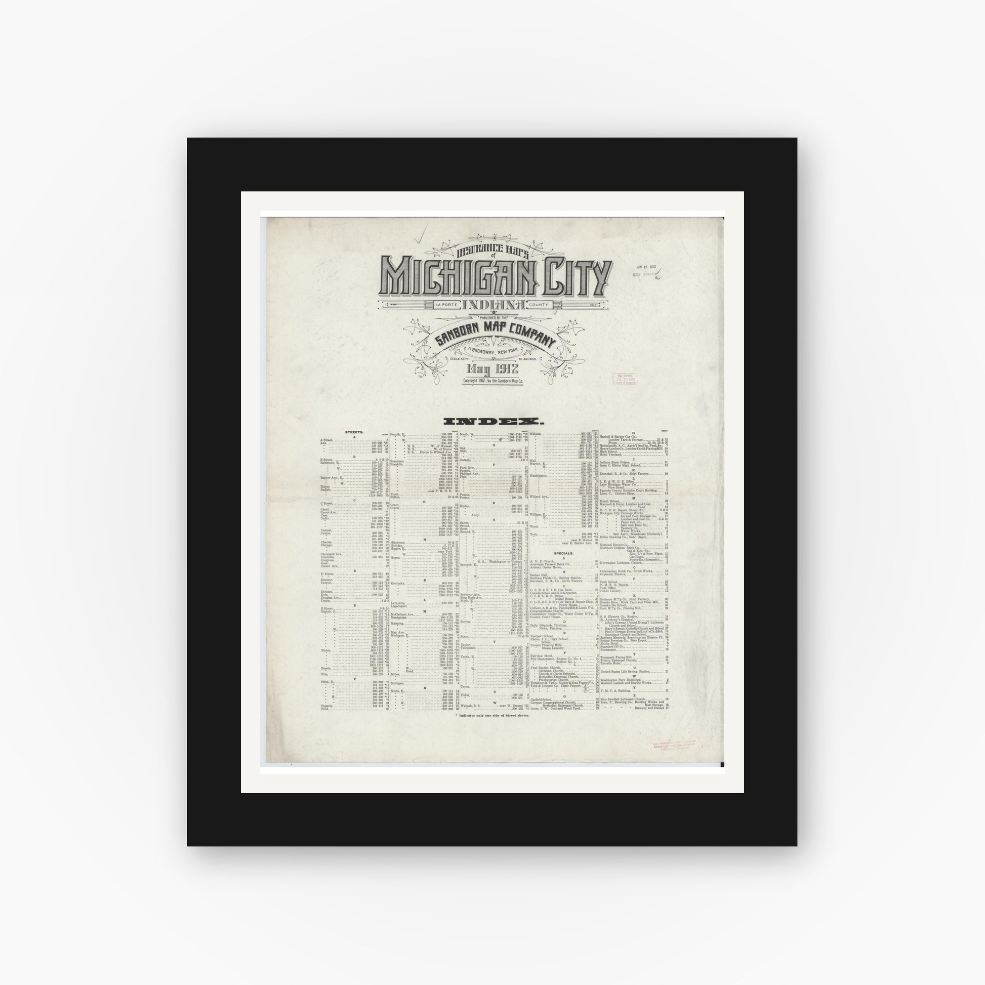 Old map wall art mockup — black gallery frame with white mat — Sanborn Fire Insurance Map from Michigan City, La Porte County, Indiana (1912), Sheet #0001