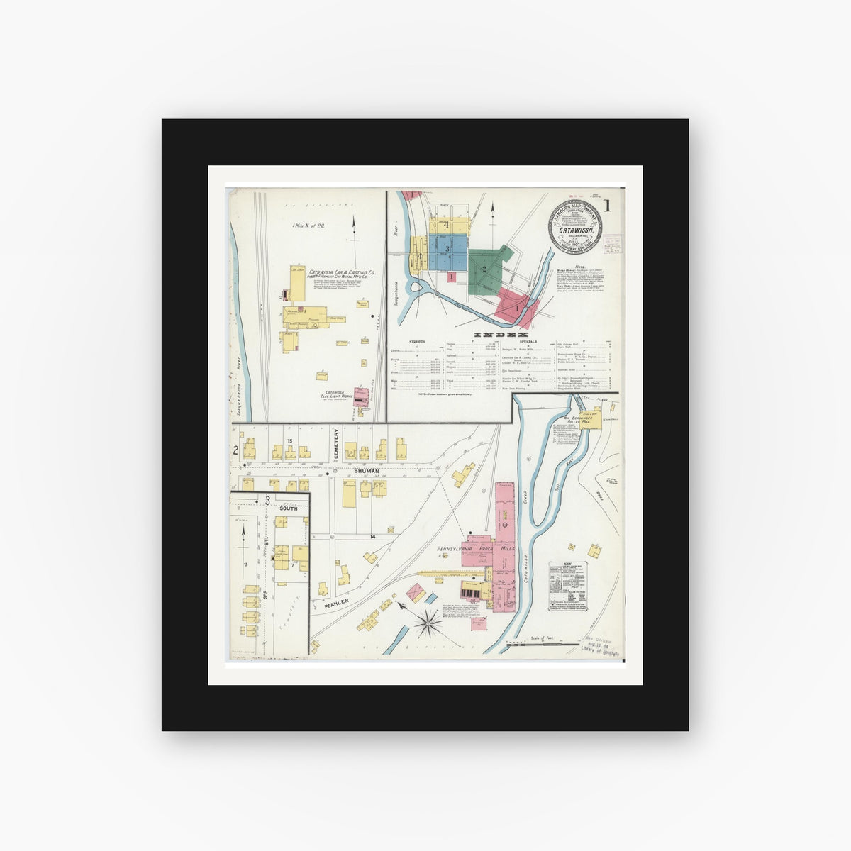 Old map wall art mockup — black gallery frame with white mat — Sanborn Fire Insurance Map from Catawissa, Columbia County, Pennsylvania (1907) - Complete Map Set