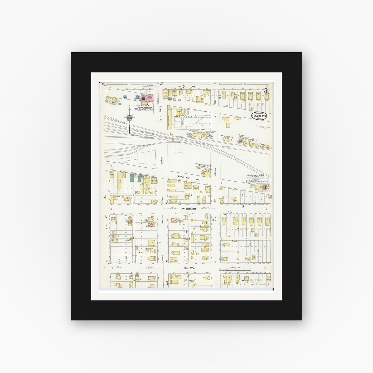 Old map wall art mockup — black gallery frame with white mat — Sanborn Fire Insurance Map from Staples, Todd County, Minnesota (1909), Sheet #0005